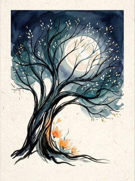 Slender Twisting Tree with Exposed Roots and a Full Moon on an Ivory Background
