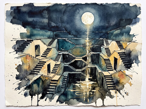 Symmetrical Stone Terraces and Staircases Descending Toward Reflective Water Under a Full Moon