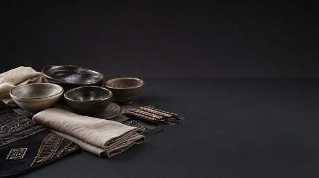 Elegant Minimalist Still Life of Artisan Earthenware Bowls Decorative Linens and Textile Samples