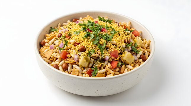 Bowl of Traditional Indian Bhel Puri Snack with Fresh Ingredients