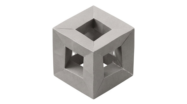 Minimalist concrete hollow cube sculpture, geometric grey cement block with square cutouts, architectural 3D stone element on white background