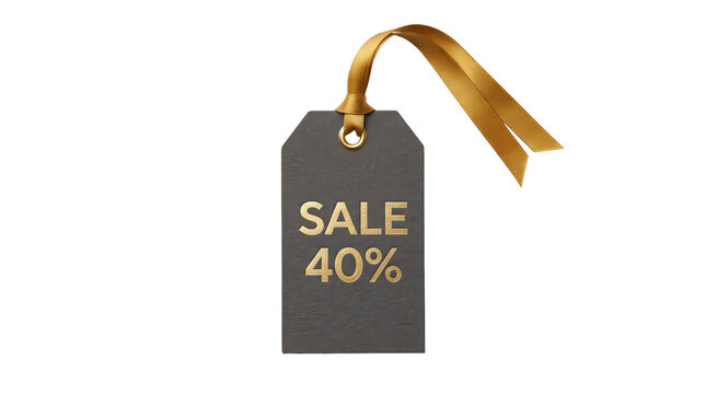 Black sale tag with gold ribbon showing forty percent discount on transparent background. Retail promotion and markdown offer. Shopping, price reduction and ecommerce advertising concept.