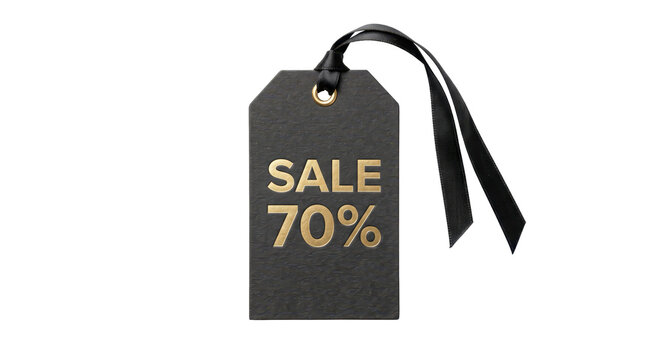 Black sale tag marked 70 percent discount on transparent background. Retail promotion and clearance sale. Shopping bargain and price reduction concept. E-commerce advertising graphic