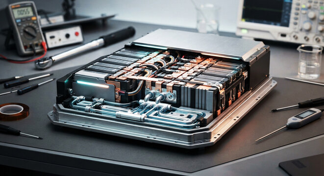 Hightech electric vehicle battery pack module with integrated liquid cooling system and copper busbars on a laboratory workbench with electronic testing equipment