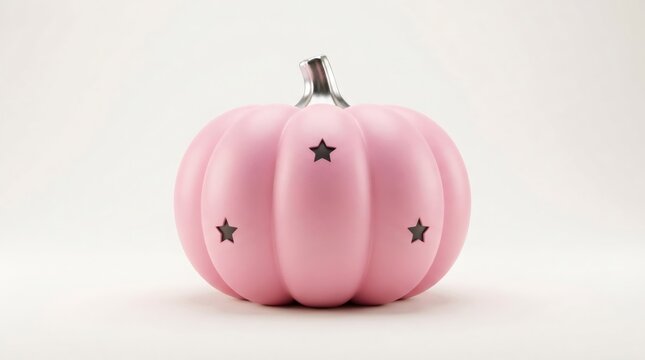 Pink pastel pumpkin with star cutout and metallic stem on white background. Pastel disco Halloween decoration concept. Modern glam festive decor for celebration and party.