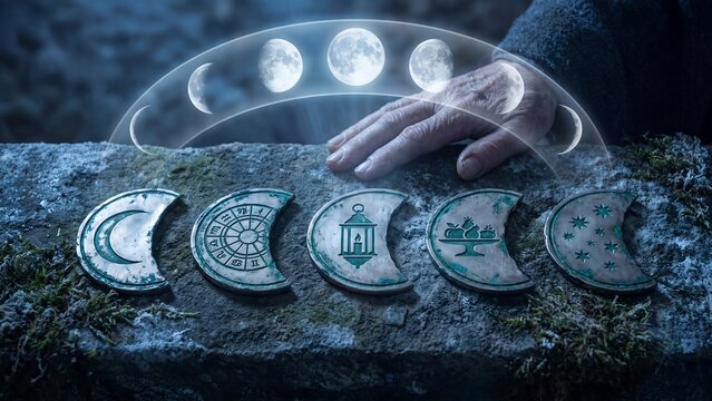 Lunar cycle and celestial tracking concept, elderly hands interacting with moon phase symbols, ancient astronomy and spiritual timekeeping, celestial navigation and astrology icons