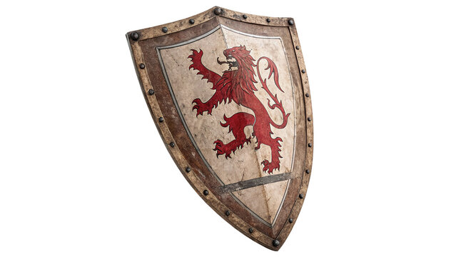 Medieval antique weathered wooden shield with metal red lion crest, isolated on transparent background.