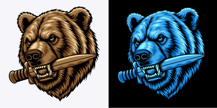 Vector illustration of a bear head biting a dagger