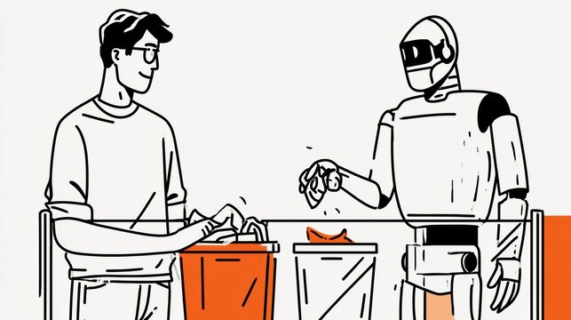 An engineer observes an AI robot during testing in a workplace setting. The robot incorrectly places an item in the wrong container.