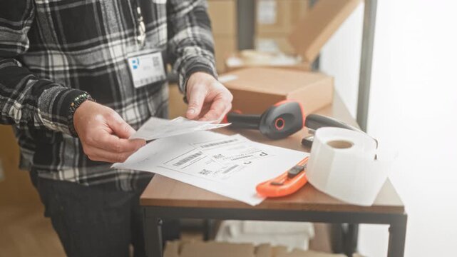 Man scanning parcel label with hands using handheld scanner and tape cutter at packing table in building; productivity small business care.