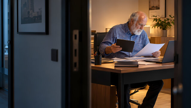 Senior businessman with white beard reviews paperwork while holding a tablet beside a laptop in a warmly lit home office, illustrating financial analysis, data verification and business decisions