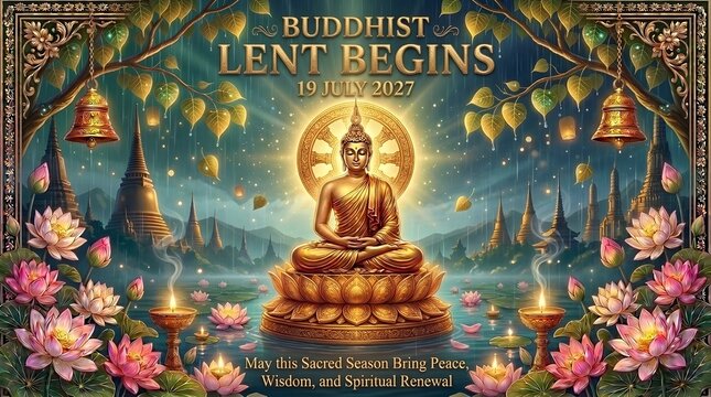 Buddhist Lent Begins 19 July 2027 &ndash; Golden Buddha, Sacred Lotus Flowers and Spiritual Peace