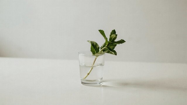 Fresh green mint sprig in a small clear glass of water