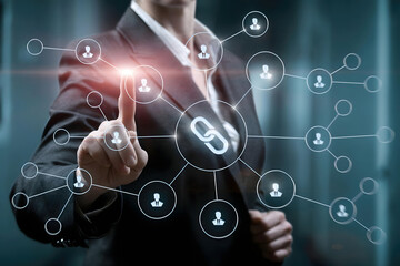 Fototapeta premium Businessman Connecting Digital Network with Virtual Interface for Global Business Communication