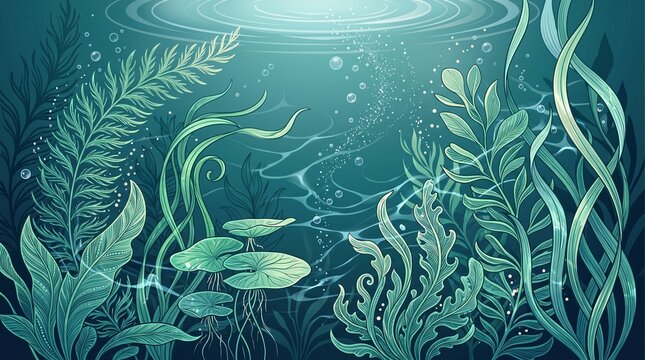 Detailed underwater aquatic plants and lily pads vibrant vector illustration for nature education