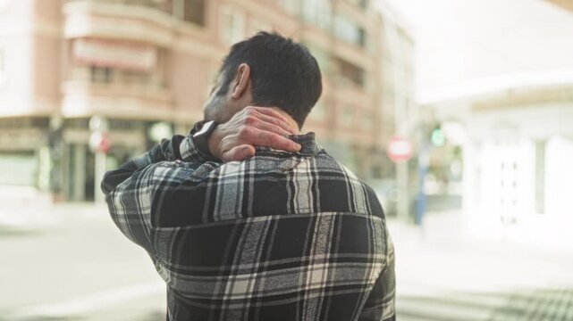 Man touching neck with hand on street near storefront and signal, back view showing plaid shirt; discomfort reflection.