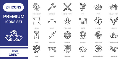 Twenty-four line icons set showcasing traditional irish crest symbols, medieval weaponry, and cultural heritage on white background © Zilkasun