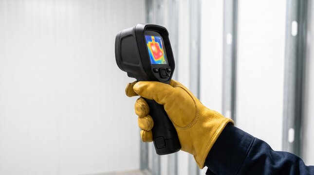 Professional worker wearing bright yellow leather protective gloves holds modern black thermal imaging camera inside industrial building