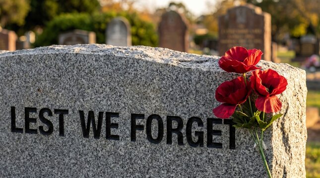 Vibrant red remembrance poppies placed on a gray granite gravestone carved with bold text reading lest we forget