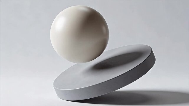 Minimalist composition of floating grey sphere above tilted disc