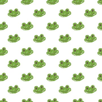 Seamless repeating pattern of green frog faces with big eyes and smiles on white background. Playful hand-drawn illustration perfect for kids art, textiles