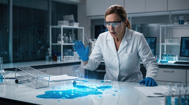 A shocked female scientist reacts to an accidental glowing blue chemical spill inside a modern laboratory.