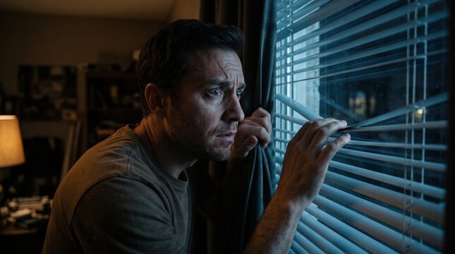 A worried man looks anxiously through window blinds into the dark night