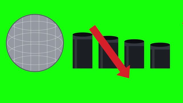 Economic Infographic of Oil Barrels Draining with Downward Red Arrow on Green Screen for Energy Market Crash