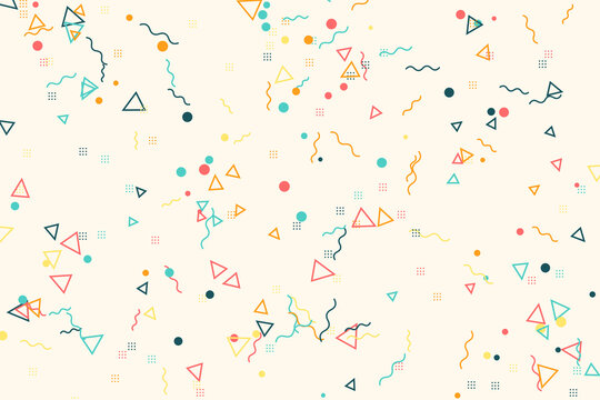 Memphis style geometric shapes vector background with squiggles, triangles and dots