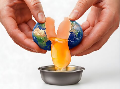 Earth fragility and symbol of life conceptual illustration showing human hands cracking an earth globe shaped like an egg into a steel bowl on a white background.