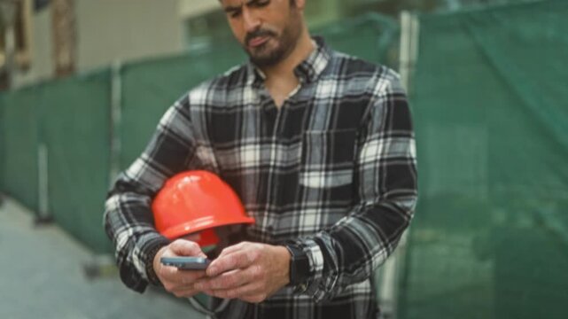 Man engineer holding orange hardhat and scrolling smartphone, looking down at device on building site; focused planning.