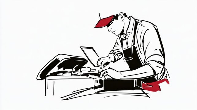 A technician in a minimal workshop follows instructions from an ai tablet while assembling a simple machine, spotting a mistake.
