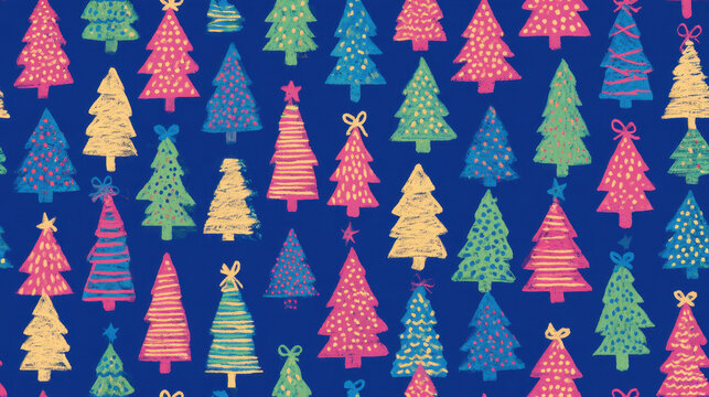Seamless christmas pattern with whimsical hand painted trees in bright pink, aqua, turquoise and yellow, decorated with playful dots, stripes and tiny bows on a deep blue background