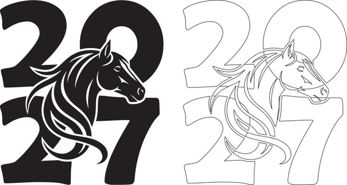 2027 new year greeting card design featuring horse head silhouette