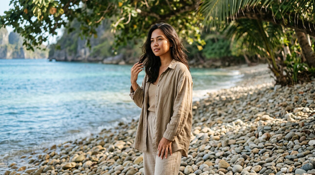 Female traveler in neutral linen clothing standing on a secluded tropical pebble beach with turquoise sea, palm trees, and coastal cliffs
