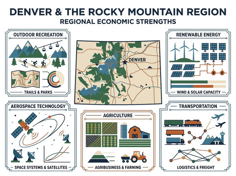 Denver and the Rocky Mountain Region economic strengths infographic featuring regional industries like aerospace, agriculture, renewable energy, and outdoor recreation in a flat vector design