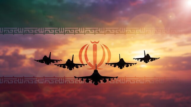 Fighter jets flying in formation against a sunset sky with the Iranian national emblem, symbolizing air defense capabilities.