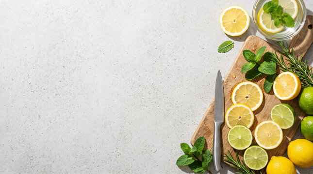 Fresh lemons and limes on cutting board on mortar table with copy space, 16:9 horizontal flat lay