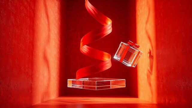 Abstract red spiral ribbons and transparent gift box in studio