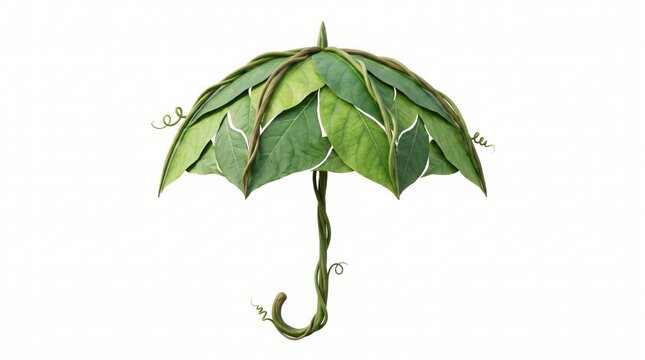 Green leaf umbrella with vine handle on white background