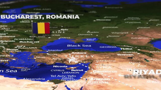 Flight From Riyadh SAUDI ARABIA to Bucharest ROMANIA with flag pins