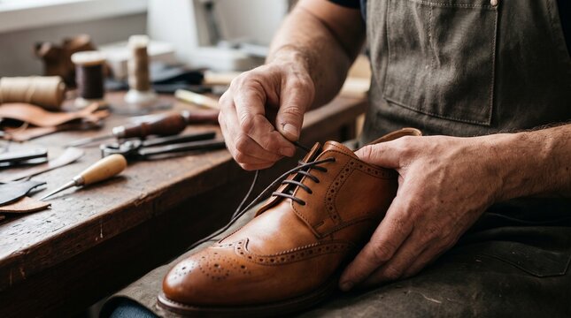 Shoemaker hands lacing handmade leather brogue shoe in workshop