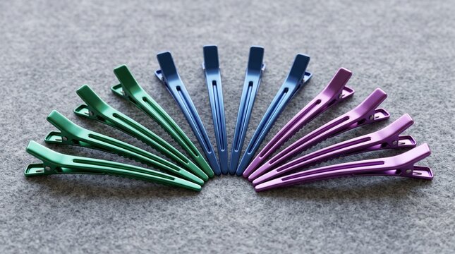Colorful l hair clips arranged in a fan shape on grey fabric