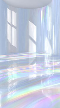 Bright window light shines into an empty room, reflecting pastel rainbow colors and wave patterns across the floor and walls.   