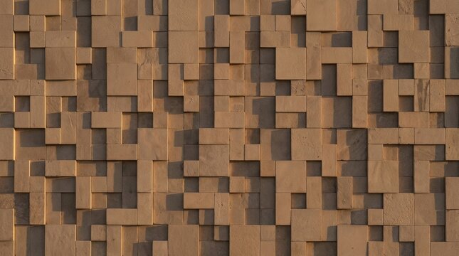 Sandstone wall with three dimensional relief of protruding square and rectangular blocks casting strong shadows in warm sunlight, geometric facade cladding texture - Modern parametric stone 