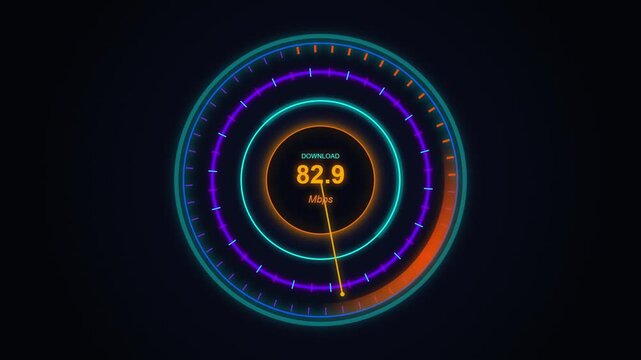 Digital internet speed test interface with real-time download mbps counter and circular hud loading animation