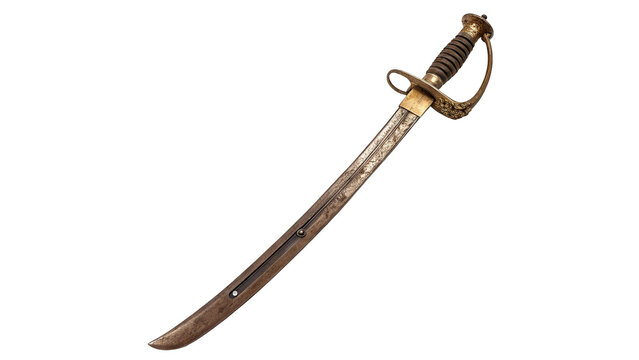 Ancient medieval steel saber sword weapon with curved blade sheath history, isolated on transparent background.