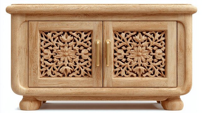A light wood two-door cabinet featuring intricate floral filigree carvings on the front panels and rounded edges on a white background.   