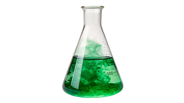 Laboratory glass flask filled with vibrant green chemical liquid science research, isolated on transparent background.