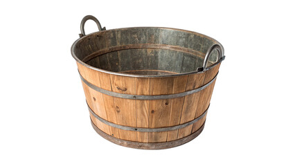 Old rustic wooden bucket tub container with metal hoops handle gardening, isolated on transparent background. © Fletcher-photo